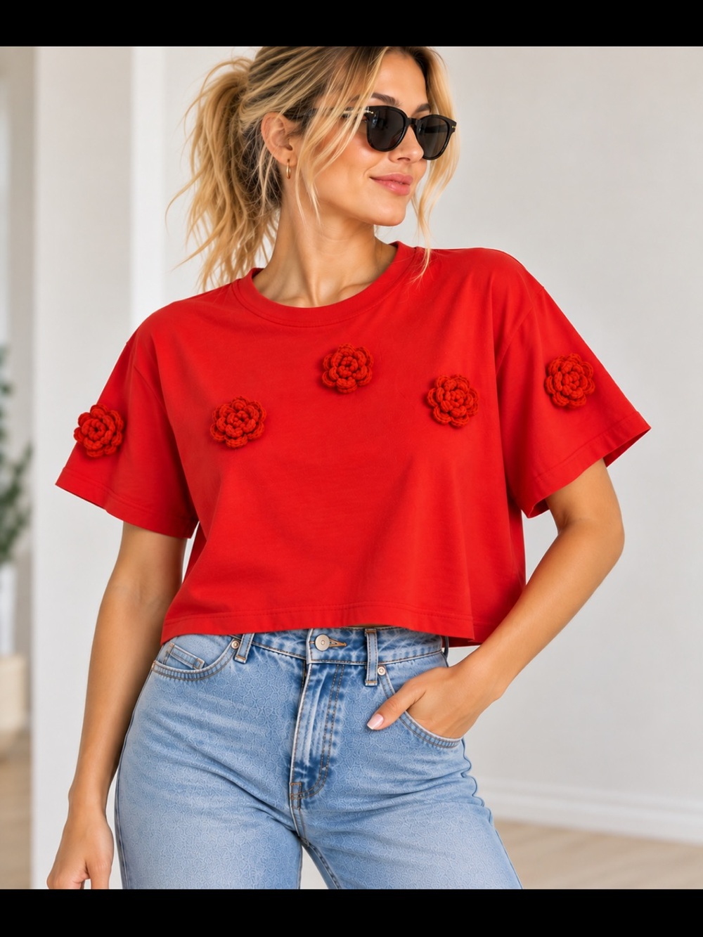ZARA Red Cotton T-Shirt Women’s XS/S – Crochet Flower Details